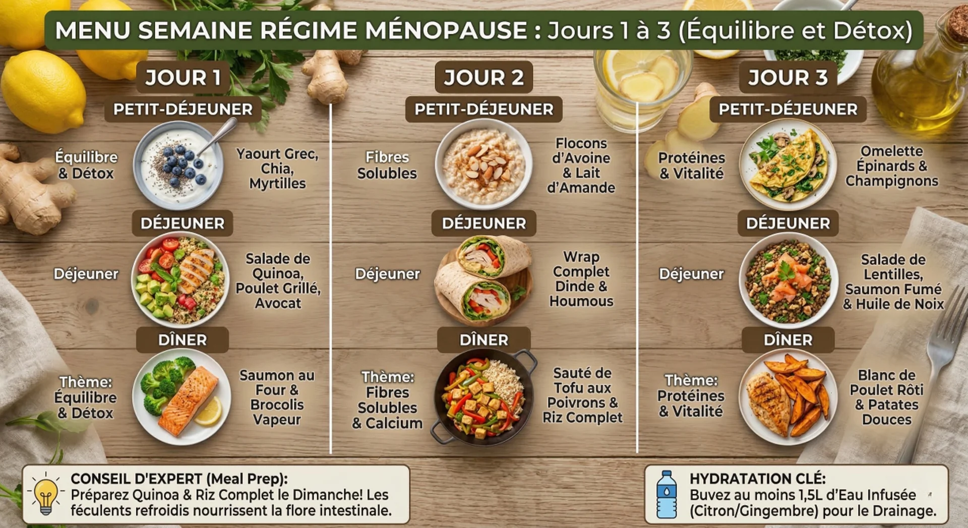 Menu semaine régime ménopause : Jours 1 à 3