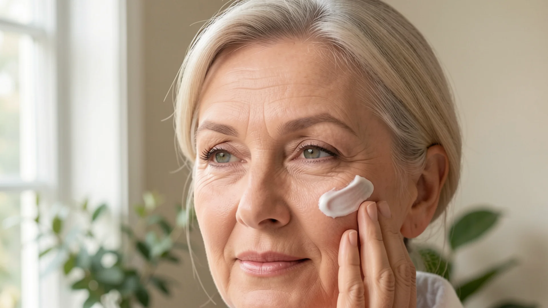 Femme mûre appliquant sa crème de jour pour peau sèche ménopause