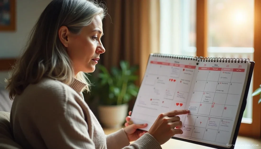 Femme marquant son calendrier pour suivre la durée de sa ménopause et ses cycles.