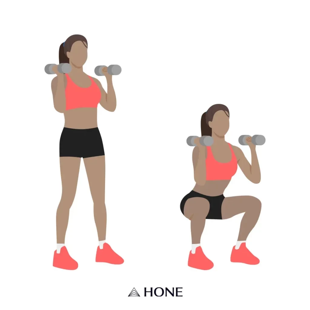 Femme réalisant un squat avec haltères pour tonifier son corps à la ménopause