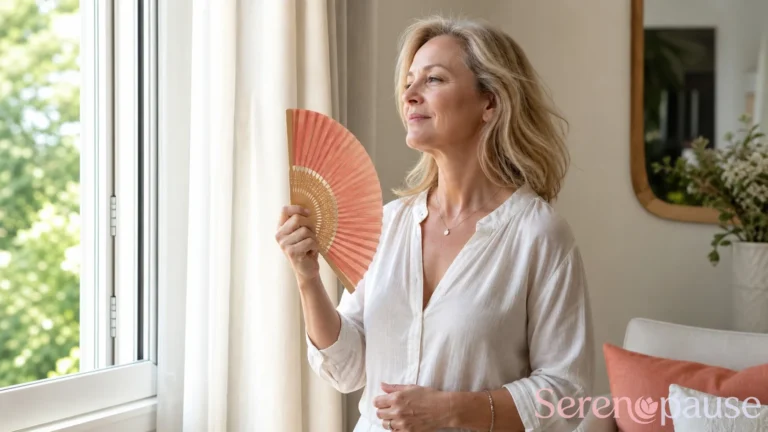 Femme d’environ 50 ans utilisant un éventail près d’une fenêtre pendant une bouffée de chaleur