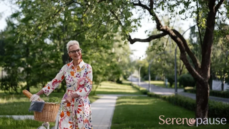Femme mûre marchant avec son vélo dans un parc, pour illustrer l’activité physique et le bien-être à la ménopause